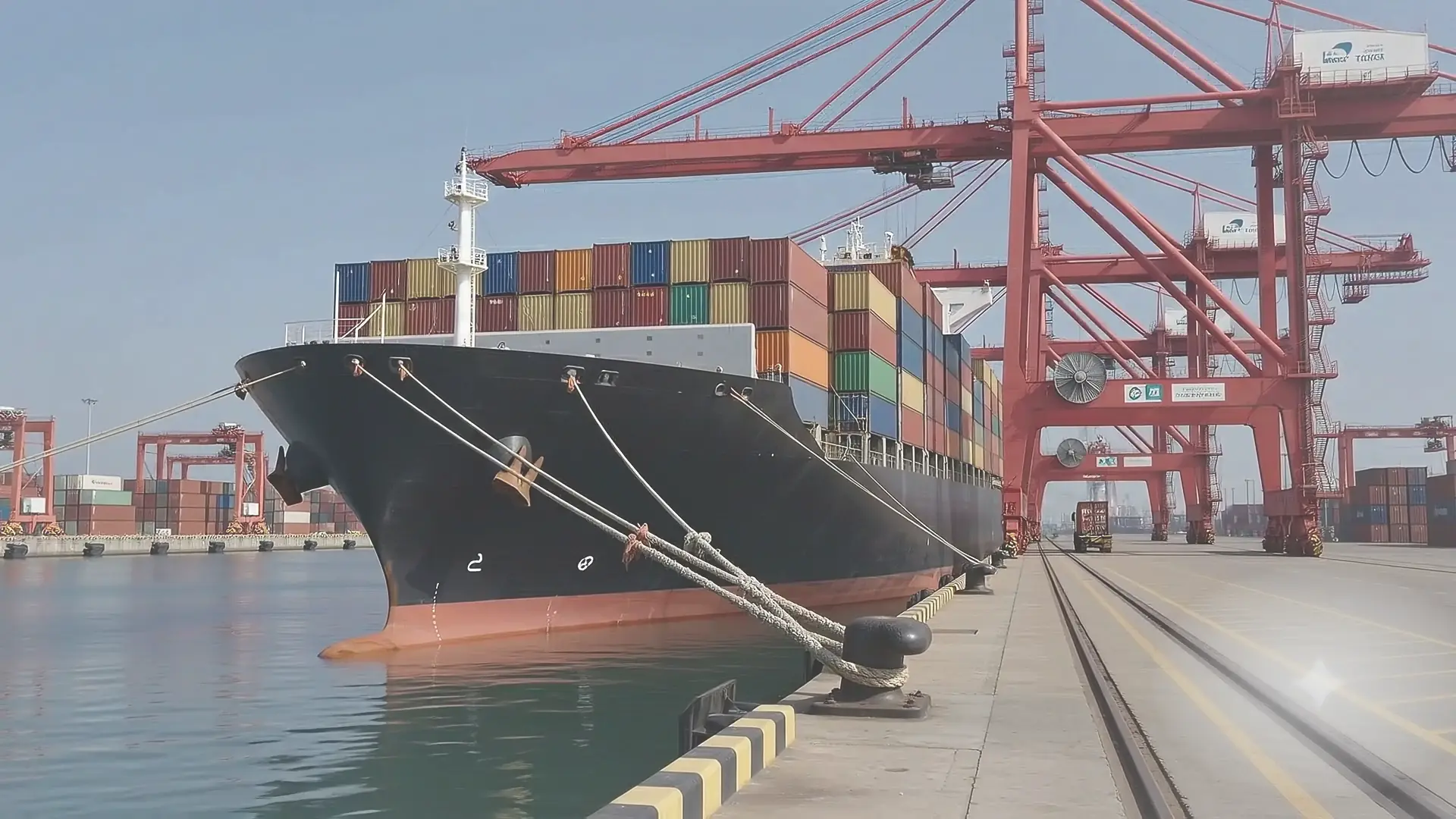 A container ship moored alongside a quay, mooring ropes taut, gantry cranes overhead.