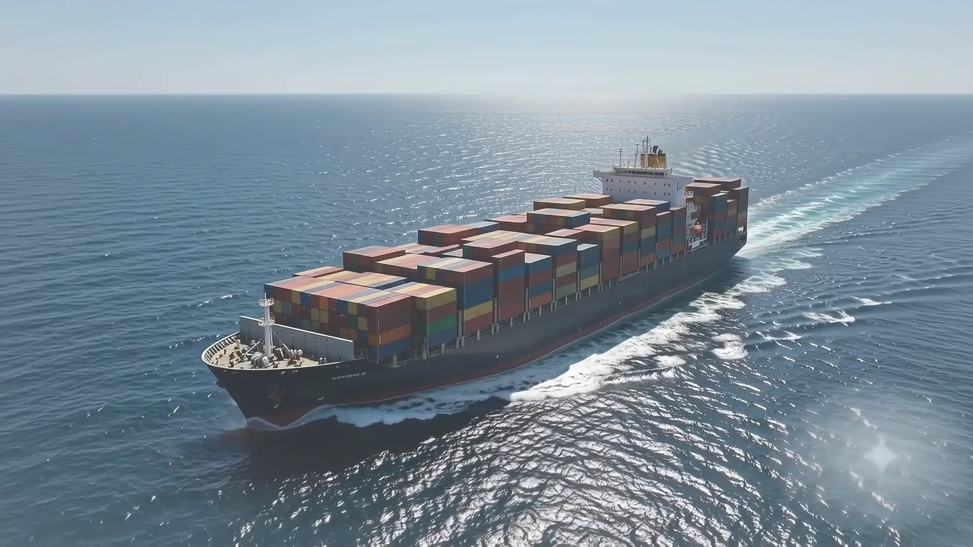 A container ship under way on open ocean, seen from above, with a long wake behind it.