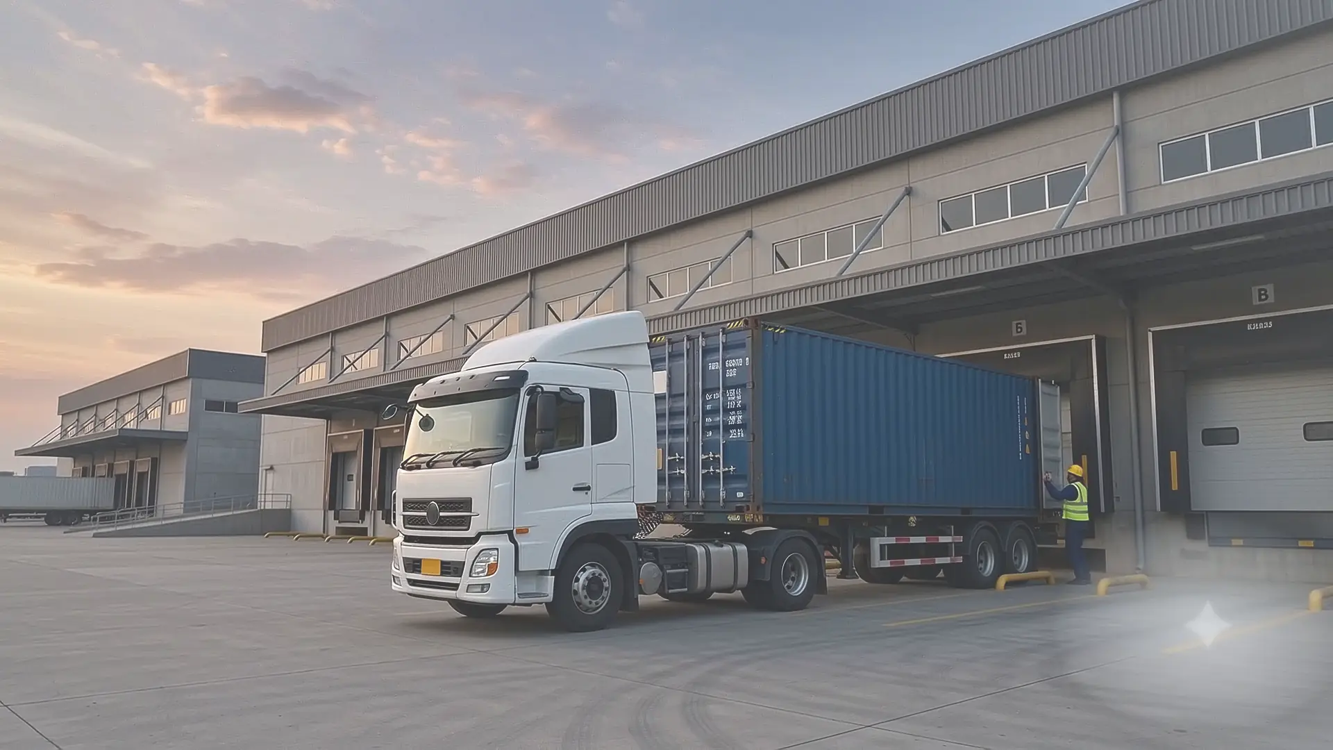 A truck with a shipping container at a warehouse loading dock, a worker at the container doors.