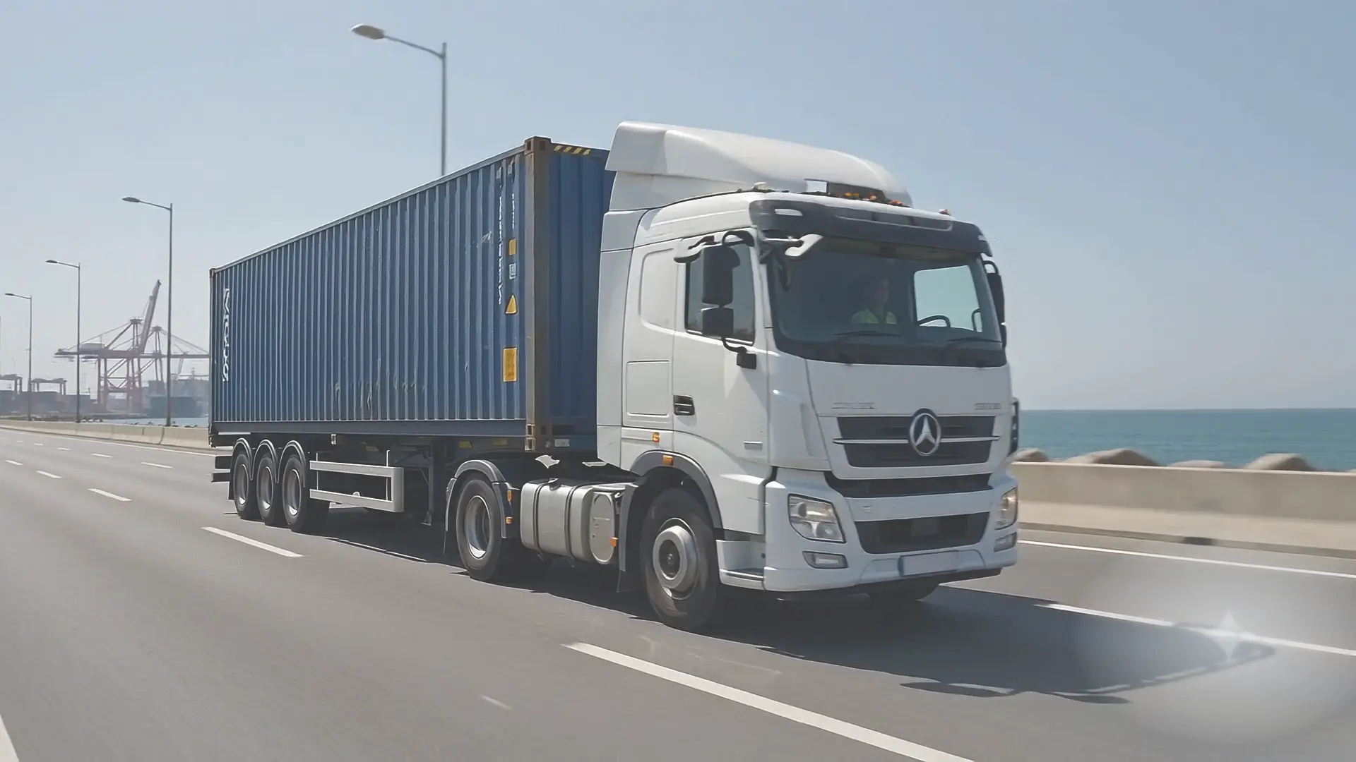A truck carrying a shipping container on a coastal motorway, port cranes receding behind it.