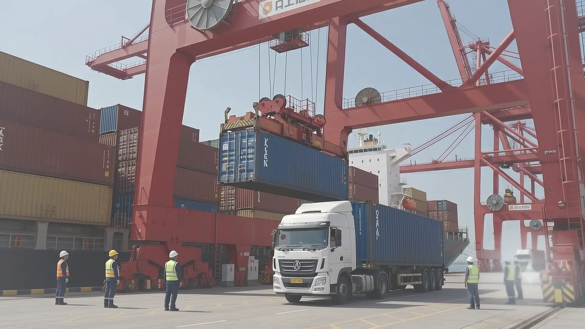 A gantry crane holding a shipping container above a terminal, dock workers watching from below.