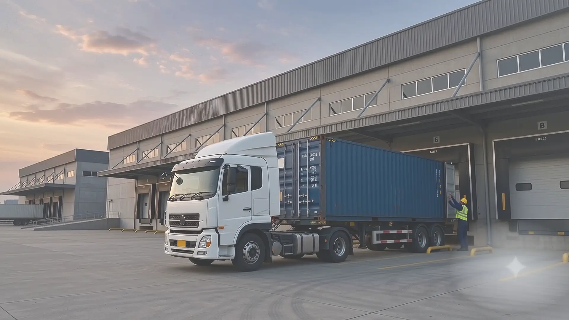 The loading dock at dusk, the container doors open and the job finished.